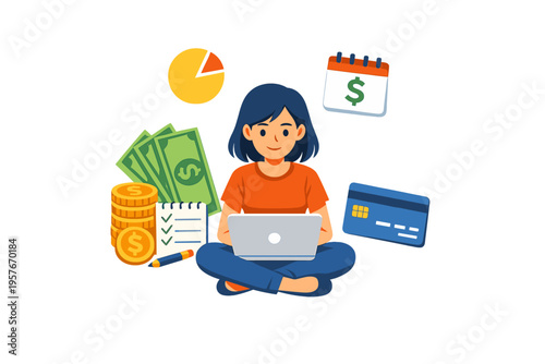 Illustration of a young woman managing personal finances on a laptop