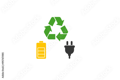 A minimalist illustration featuring a green recycling symbol above a