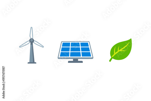 A set of three clean energy icons featuring a wind turbine, a solar