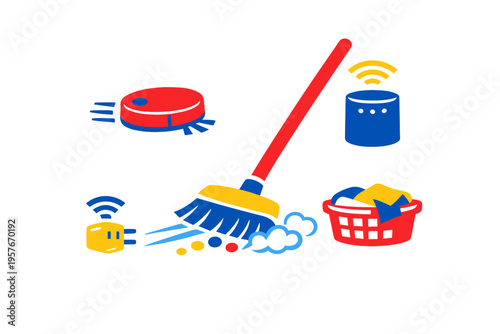 A flat vector illustration featuring various cleaning tools and smart