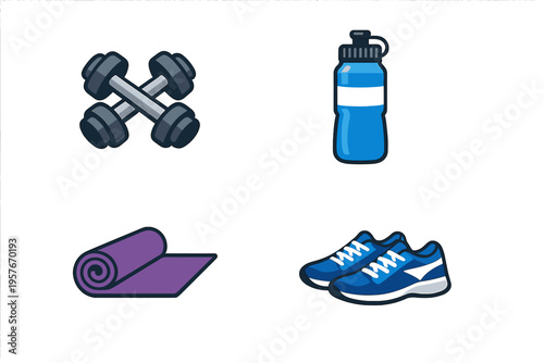 A set of fitness equipment icons including crossed dumbbells, a blue