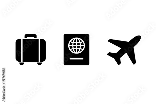 A set of three black minimalist icons representing travel, featuring
