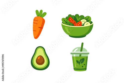 A set of four flat vector illustrations featuring healthy food items