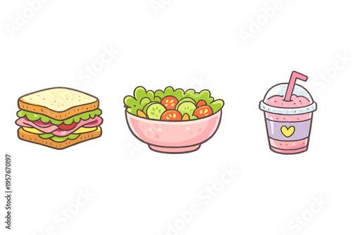 A cute hand-drawn illustration featuring a layered sandwich with
