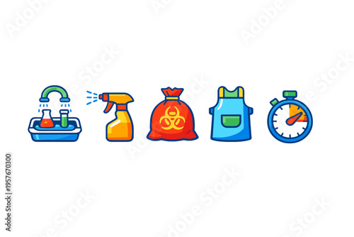 A set of colorful laboratory safety and cleaning icons including an
