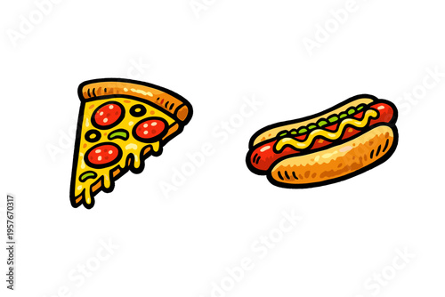 A hand-drawn illustration featuring a slice of pepperoni pizza with