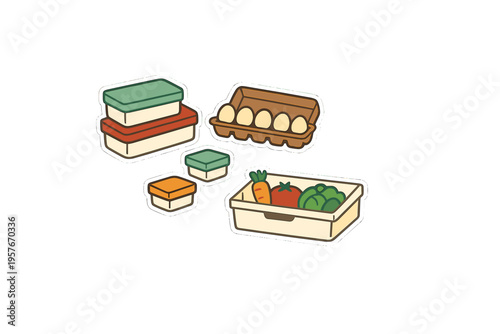 A flat illustration of various food storage containers, an egg carton
