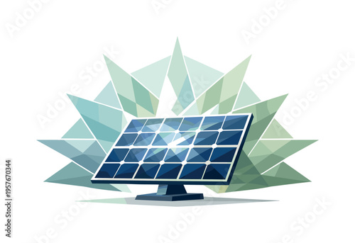 Low-poly vector illustration focused on solar panel shine in a stable energy state, panel surface glowing through crisp faceted