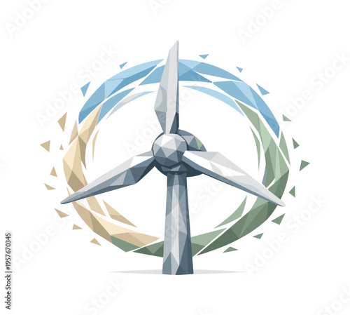 Low-poly vector illustration focused on turbine rotation rush reaching stabilized energy flow, turbine blades spinning smoothly