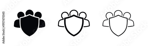 Group protection shield icon set, representing team security, community safety, insurance, or collective defense.