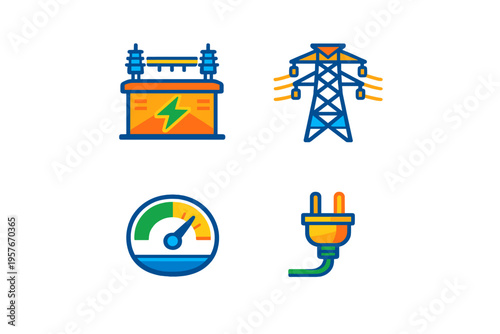A set of four flat vector icons related to electricity, featuring a