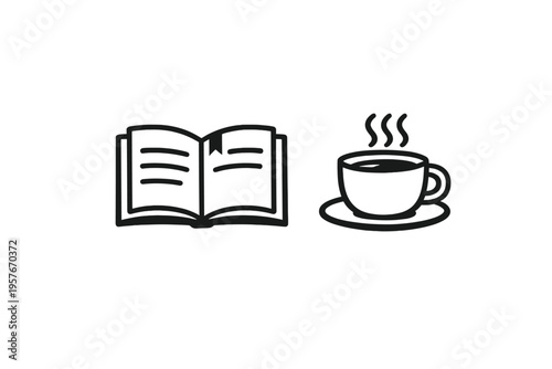 A minimalist black line art illustration featuring an open book with