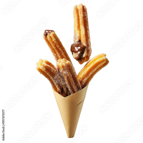 Delicious sweet churros in paper cone with sugar and chocolate filling transparent background