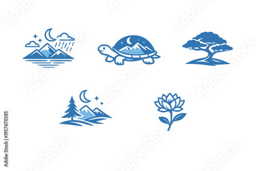Set of five blue minimalist nature icons including a mountain