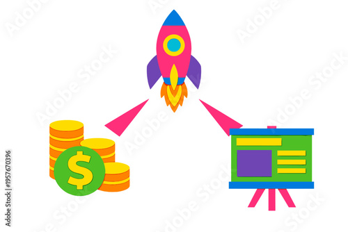 Vibrant paper craft illustration showing a rocket taking off, flanked