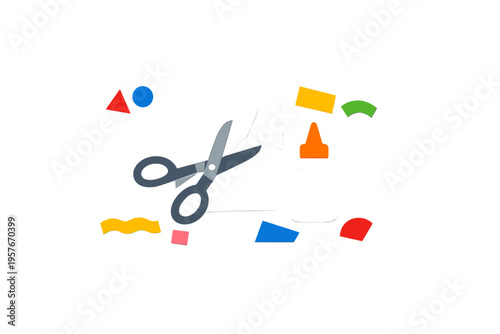 Crafting supplies such as scissors and a glue bottle are shown with
