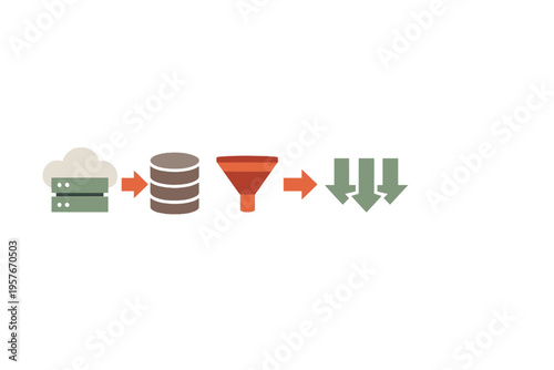 This flat vector illustration depicts a data pipeline sequence