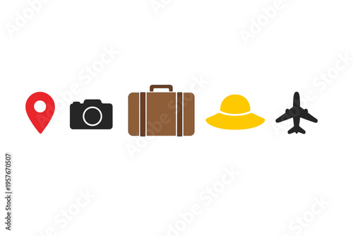 A collection of travel icons featuring a red location pin, a black