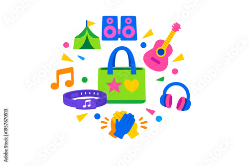 A vibrant flat illustration featuring music festival essentials like