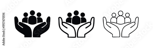 Hands supporting group of people icon, representing community care, protection, social welfare, and philanthropy.