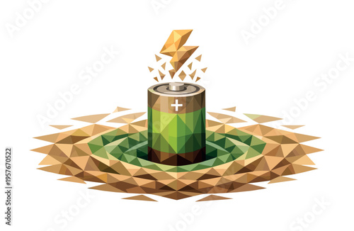 Low-poly vector illustration focused on battery power surge stabilizing after release, battery surrounded by organized triangular