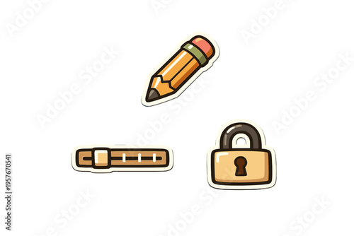 A set of three cartoonish sticker icons featuring a yellow pencil, a