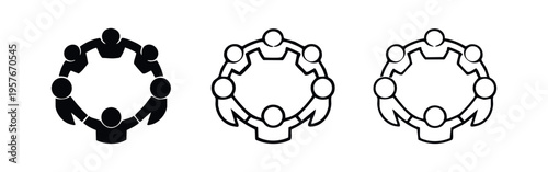 People united in a circular connection icon, emphasizing global community, teamwork, and network synergy.