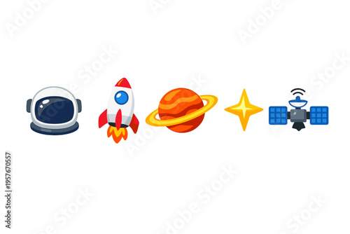 Set of colorful space icons featuring a white astronaut helmet, a