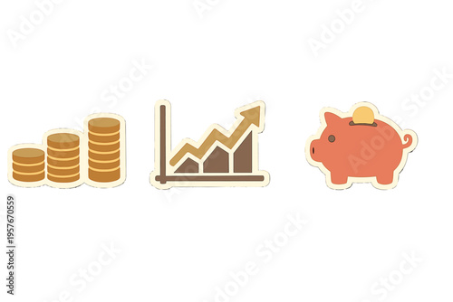 A set of three financial icons featuring stacks of gold coins, a
