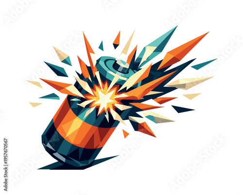 Low-poly vector illustration focused on battery power surge during peak discharge, battery core bursting with powerful angular