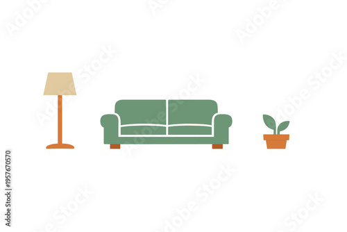 A minimalist flat illustration featuring a green sofa, a tall floor