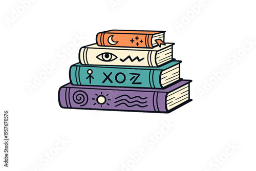 A stack of four colorful books with mystical symbols on their spines