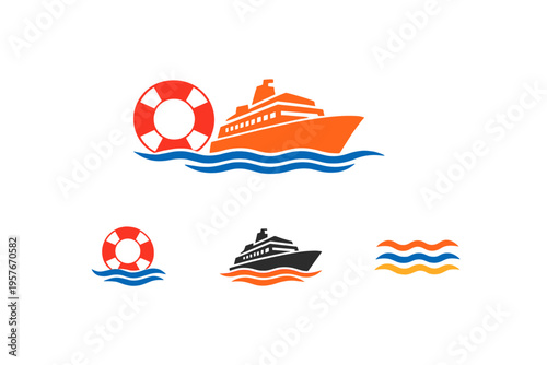Vector logo set featuring a stylized cruise ship and a lifebuoy on