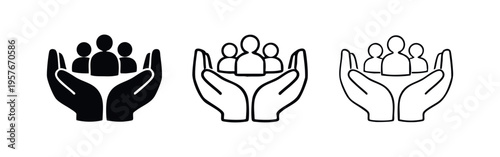 Protecting hands holding people icon, symbolizing human care, support, community services, and shared responsibility.