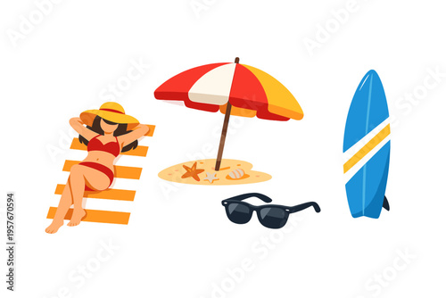 Vector set of summer beach elements including a woman sunbathing, a