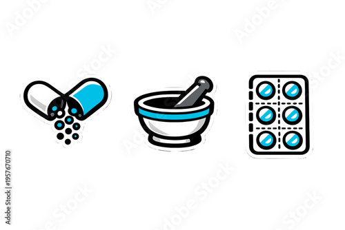 A set of medical icons featuring an open capsule with granules, a