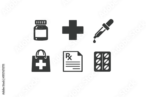 A set of six black medical icons isolated on a white background