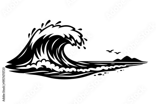 A black and white graphic illustration of a large ocean wave crashing