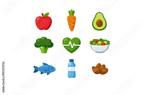 A collection of colorful health and nutrition icons including an