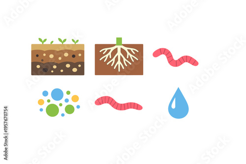 A set of flat vector icons representing soil health and gardening