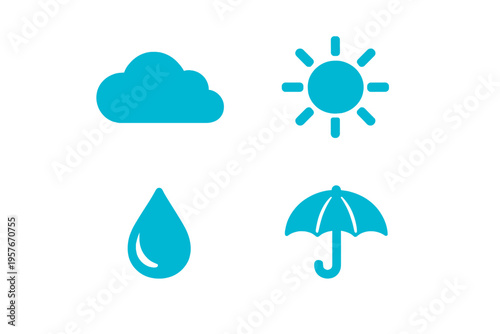 A set of four minimalist weather icons in cyan blue, including a