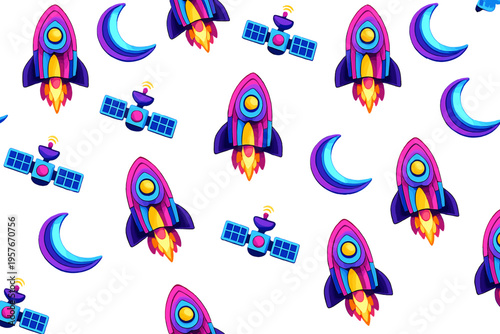 Colorful seamless pattern featuring stylized rockets, satellites, and