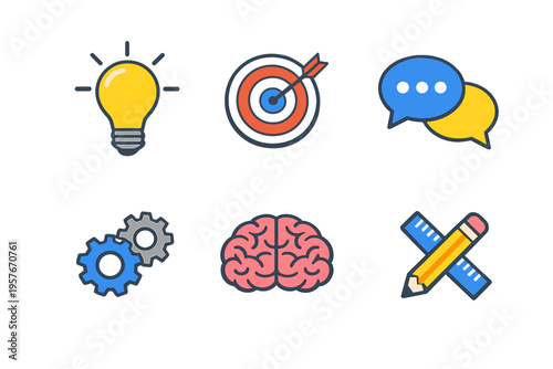 A set of six flat line icons representing creative business concepts