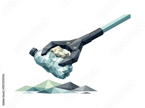 Low-poly vector illustration focused on trash cleanup grab after successful collection, grabber tool holding the captured trash