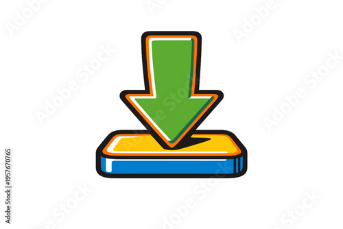 A colorful cartoon illustration of a green arrow pointing down