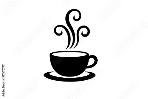 A minimalist black silhouette illustration of a steaming cup of