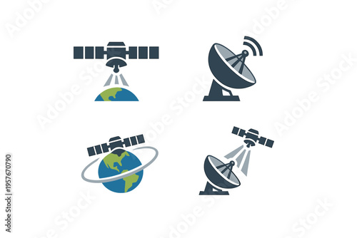 A set of four flat vector icons representing satellite communication