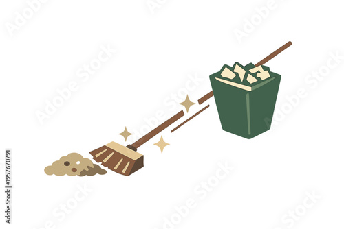 This illustration depicts a broom sweeping up dirt alongside a green