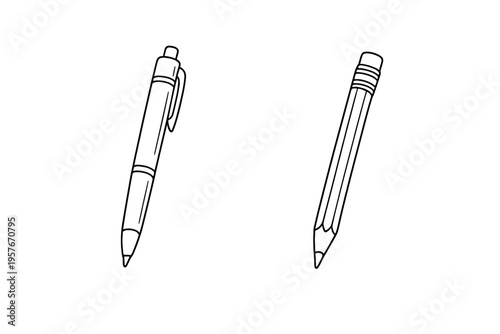 Minimalist black and white line drawing featuring a click pen and a