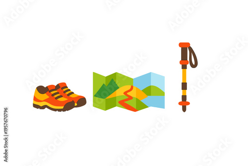 A flat illustration of hiking equipment including orange trekking